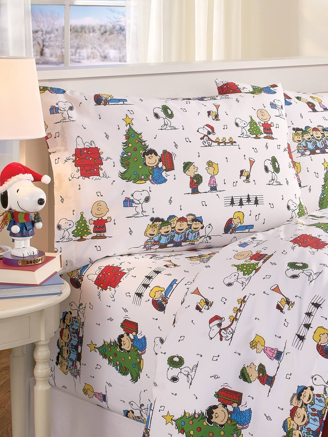 Peanuts Christmas Caroling Portuguese Cotton Percale Sheet Set - Standard Pillowcase Pair - The Vermont Country Store