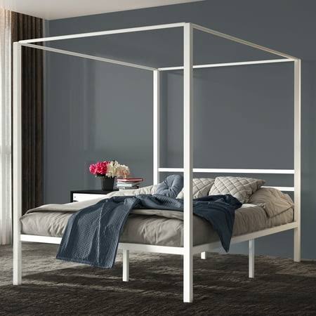 Dextrus Queen Size White Metal Canopy Bed Frame with Sturdy Four Posts, 14-inch Platform, Integrated Headboard, Robust Metal Slats for Mattress