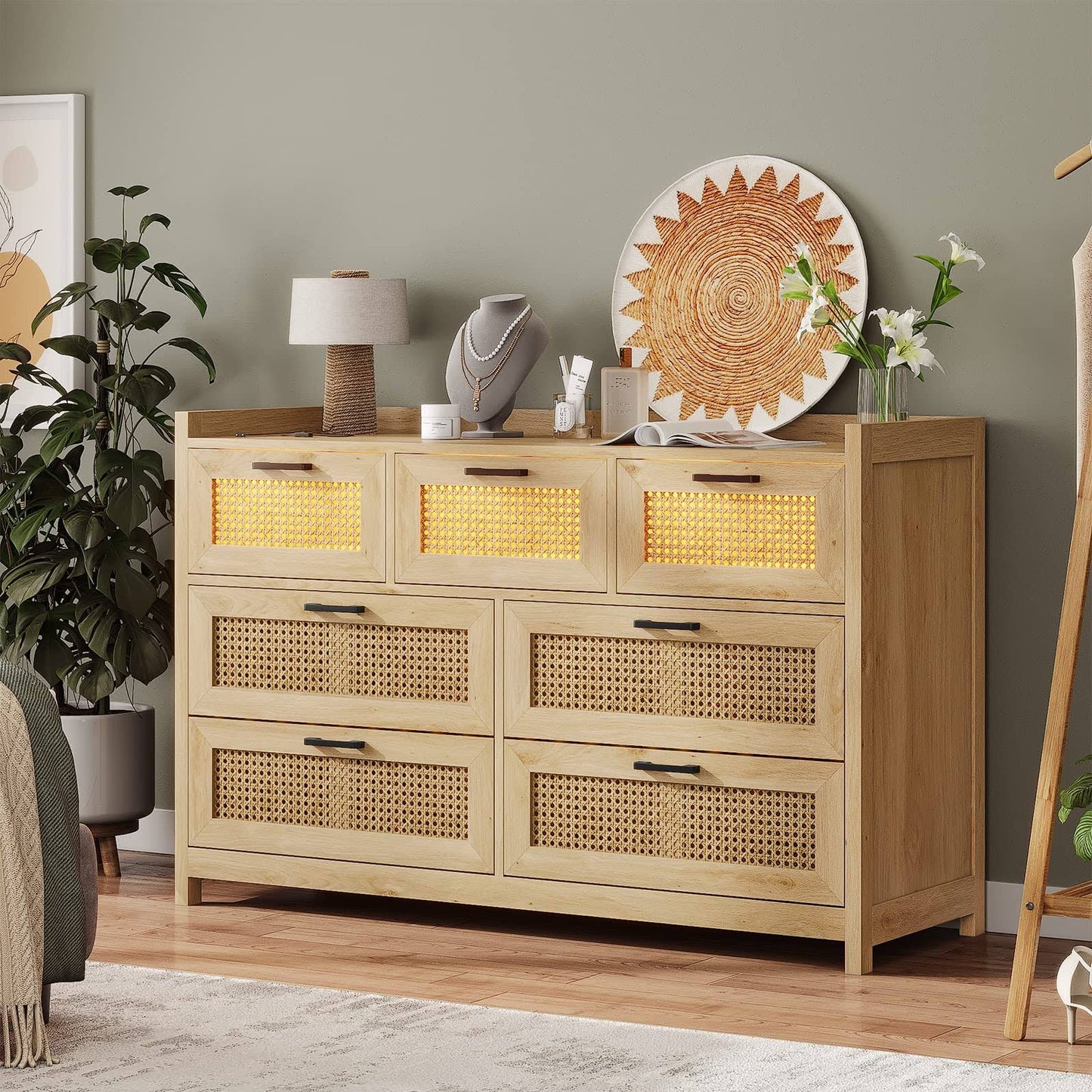 AOGLLATI Dresser for Bedroom with Led Light Natural Rattan 7 Drawer Dressers