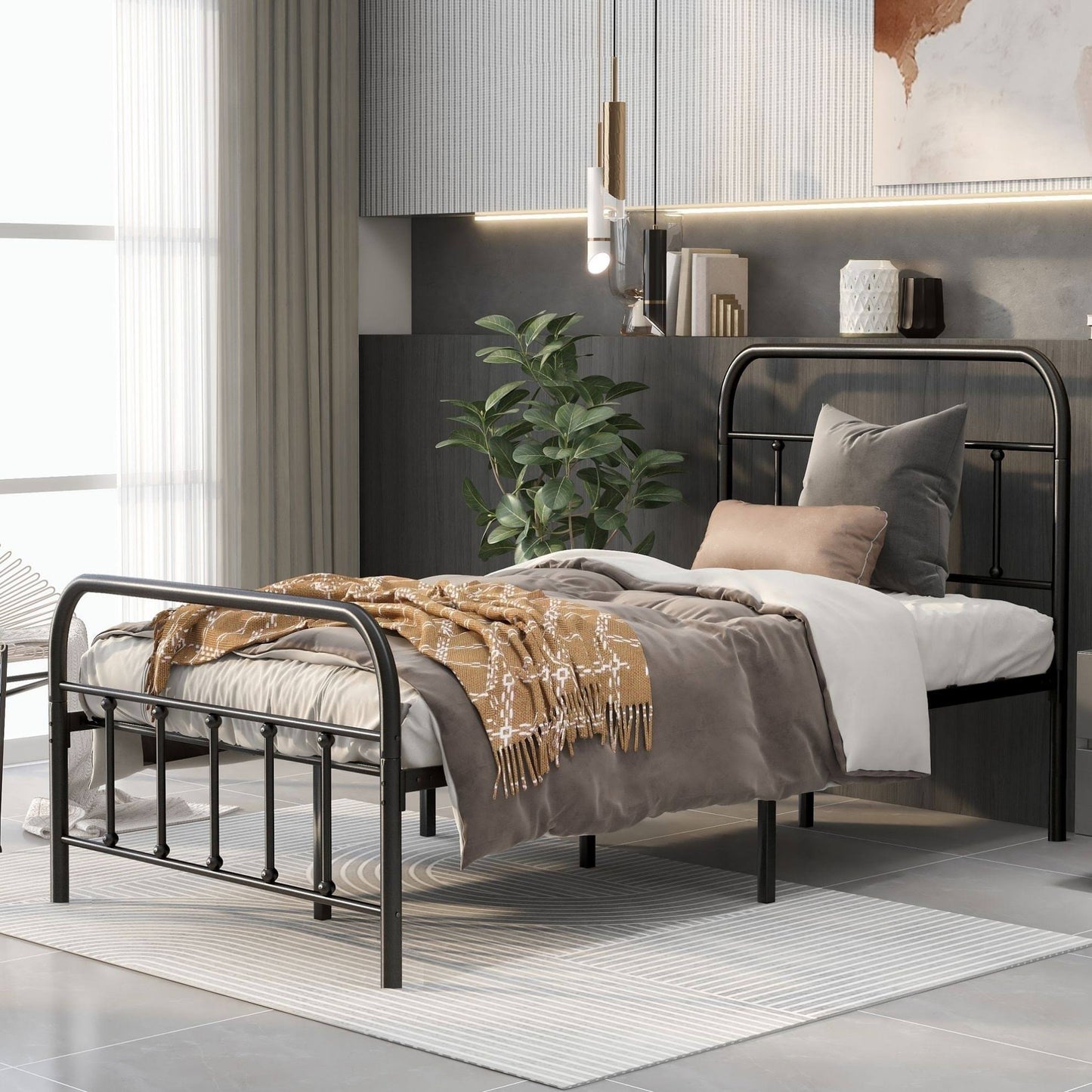 Vintage Metal Platform Bed Frame, Twin / Queen Bed French - Black