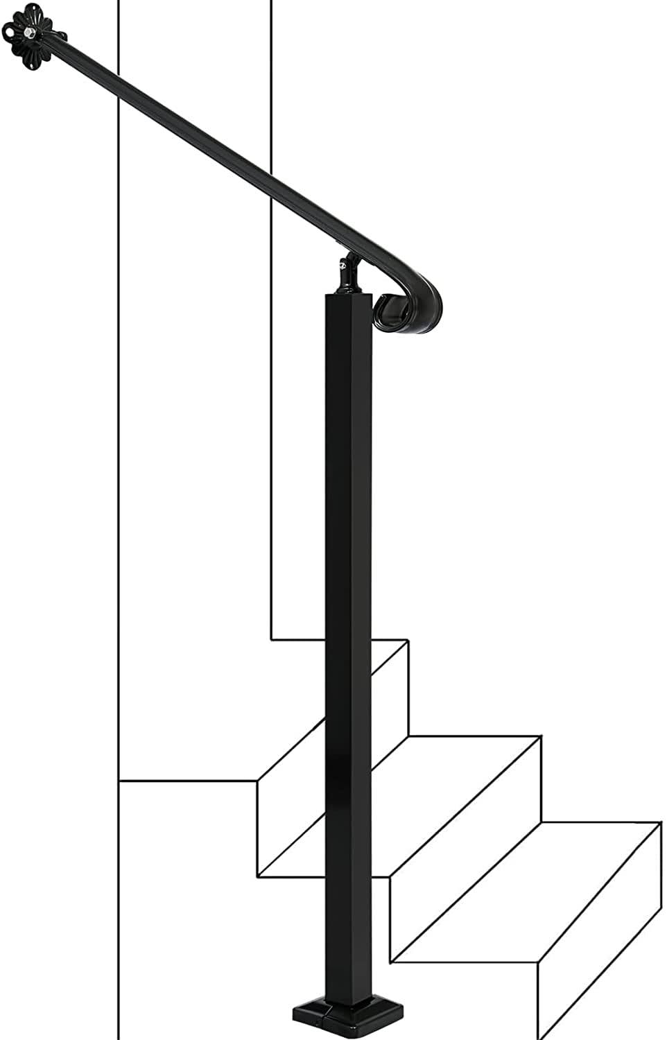 Zwinz Adjustable Handrail 1-3 Step, Wall&Floor Mounted Wrought Iron Handrails, Handrails for Outdoor Steps, Stair Rail with Installation Kit Hand