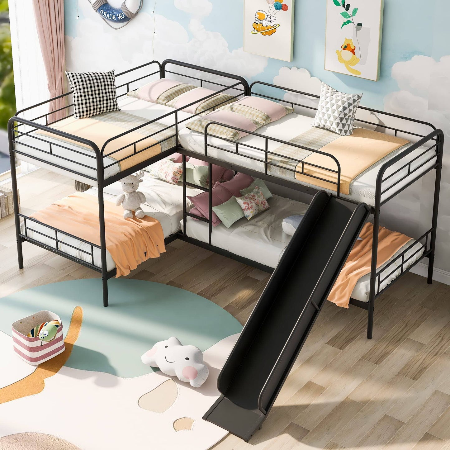 Quad Bunk Bed with Slide L Shaped Bunk Bed for 4