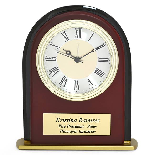 Arched Mahogany Finish & Black Glass Personalized Desk Clock