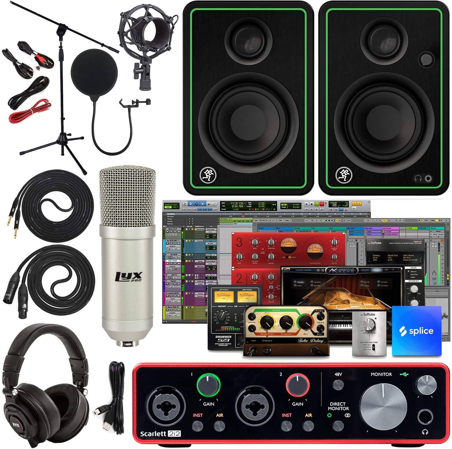 Focusrite Scarlett 2i2 2x2 USB Audio Interface with Creative Music Software Kit with Mackie CR3-X Pair Studio Monitors, 24 Pack Acoustic Soundproof