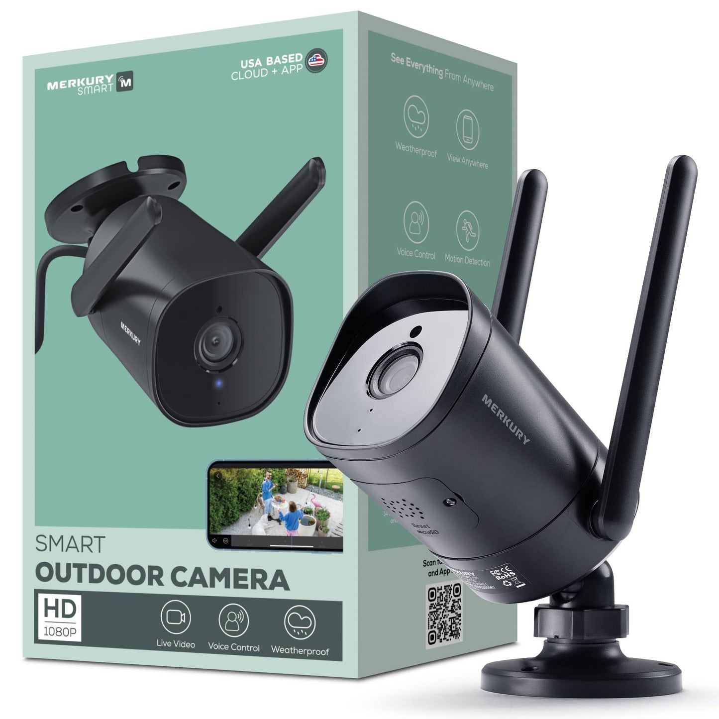 Merkury Smart 1080p Smart Outdoor Security Camera - Weatherproof, Night Vision, 2-Way Audio, Black, Wi-Fi