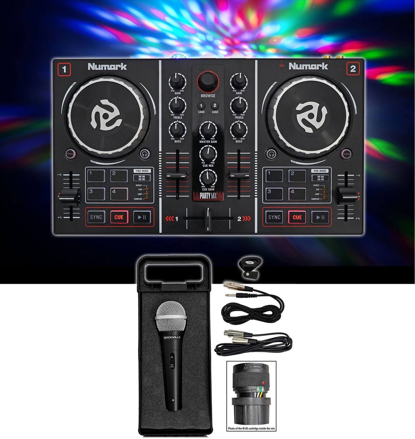 Numark Party Mix DJ Controller with Lightshow, Monitor Speakers & Hea