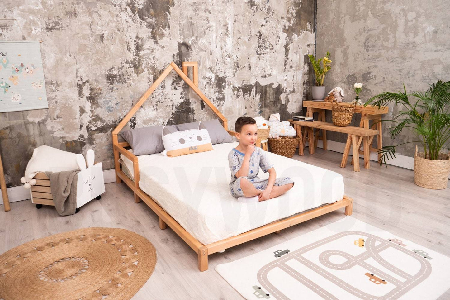 Wood bed Montessori toddler Twin bed Montessori bed full Modern kids Full bed frame Kids furniture