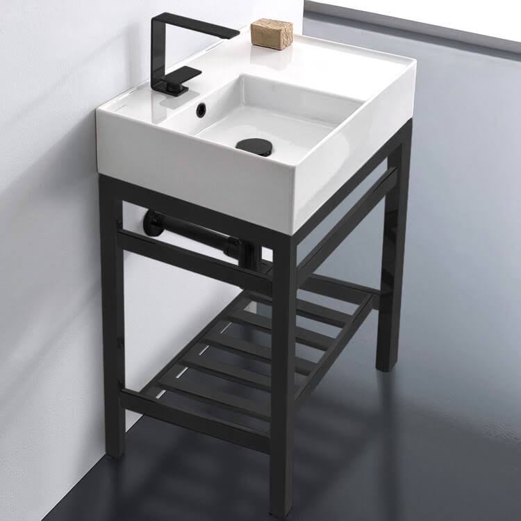 Scarabeo Small Modern Console Sink Bathoom Vanity 24 Matte Black Metal Stand Scarabeo 5114-CON2-BLK