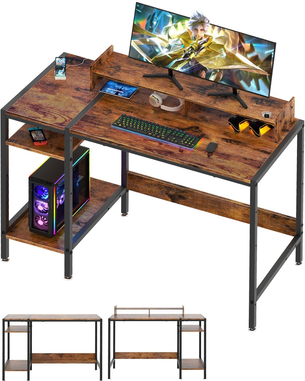 MINOSYS Computer Desk - 39 Gaming Desk, Home Office Desk with Storage, Small Desk with Monitor Stand, Rustic Writing Desk for 2 Monitors,