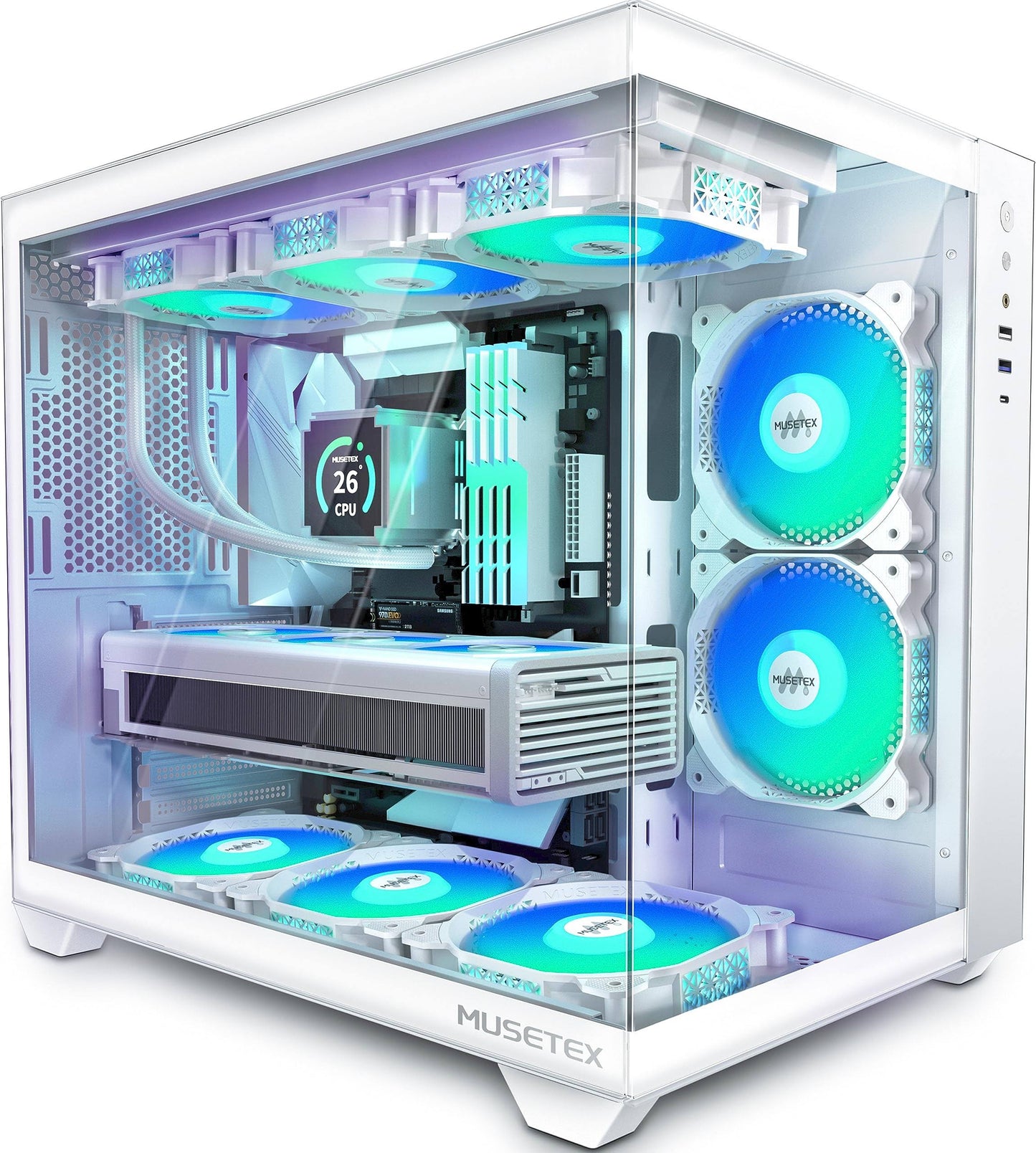 MUSETEX ATX PC Case,5 PWM ARGB Fans Pre-Installed,360MM RAD Support,Type-C Gaming 270° Full View Tempered Glass Mid Tower Pure White ATX Computer