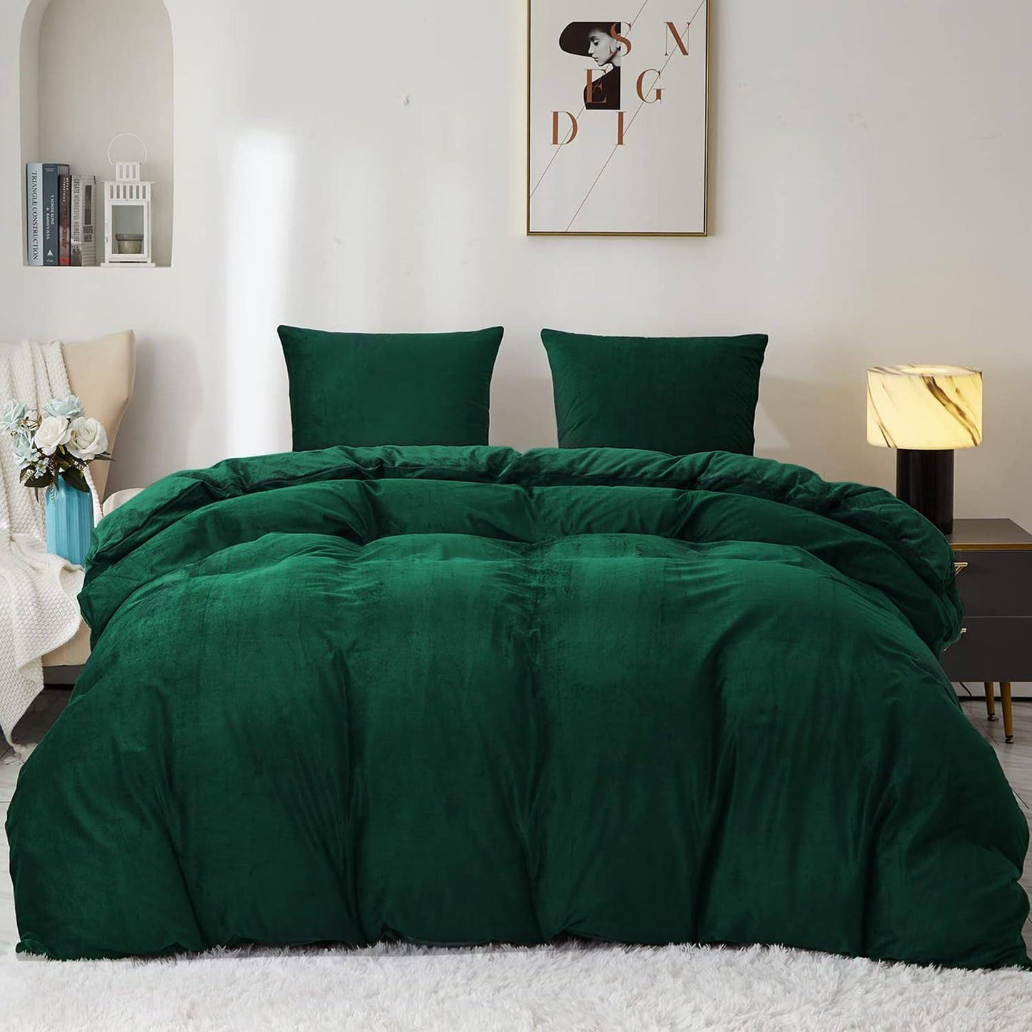 Sedefen Dark Green Velvet Duvet Cover Set Hunter Green Luxury Crystal Velvet Bedding Duvet Cover Set with Zipper and