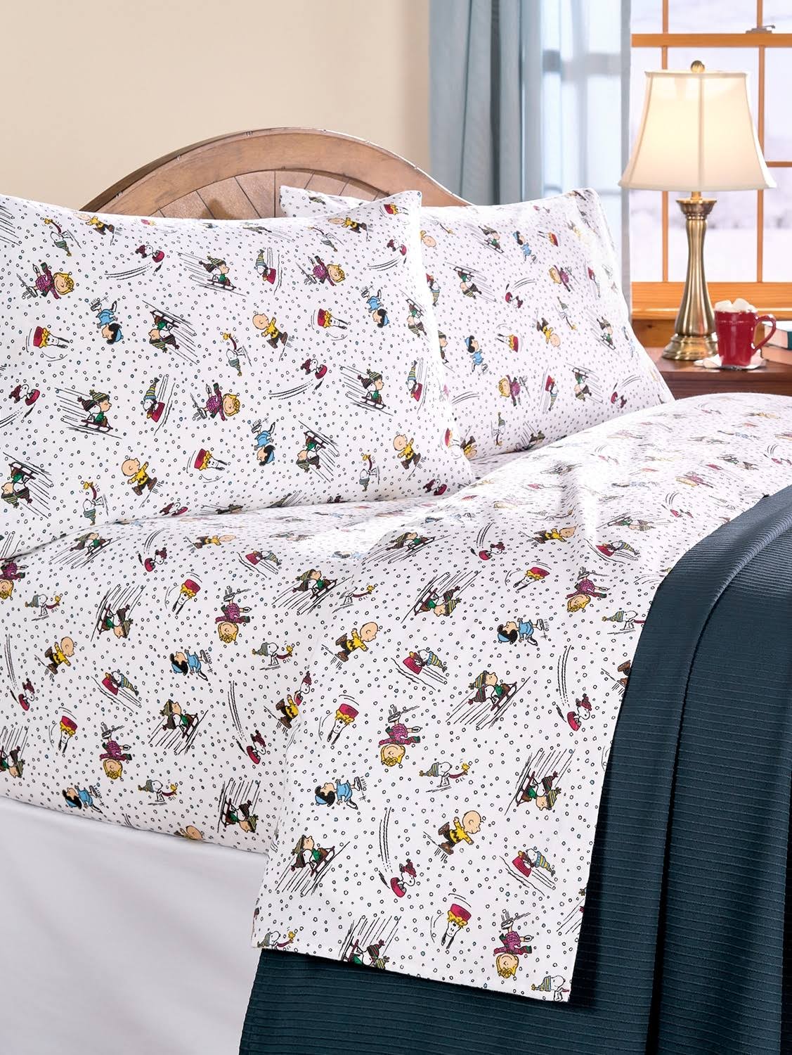 Peanuts Snow Fun Flannel Sheet Set - White - Standard Pillowcase Pair - The Vermont Country Store