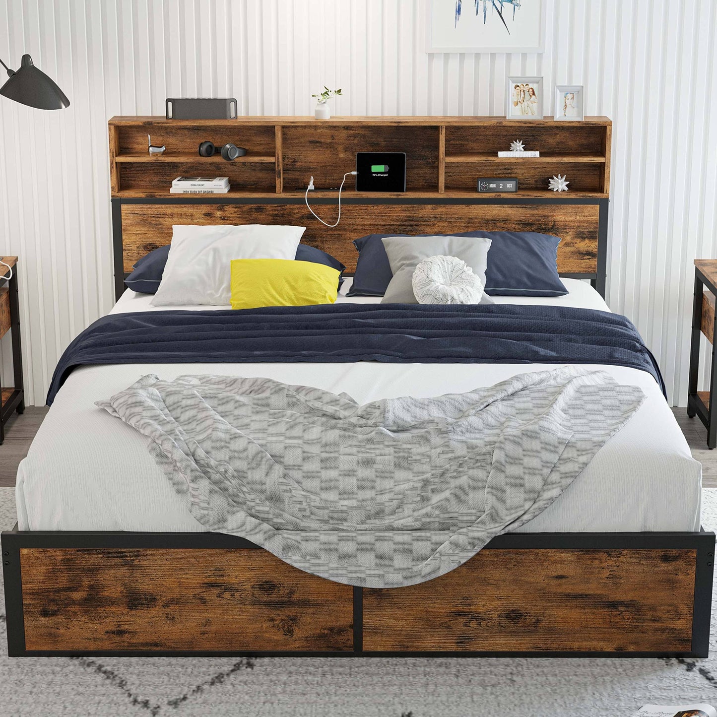 LIKIMIO Queen Bed Frame with Tall Bookcase Headboard and Charging Station, Sturdy and No Noise Platform Bed, No Box Spring Needed, Easy Assembly,