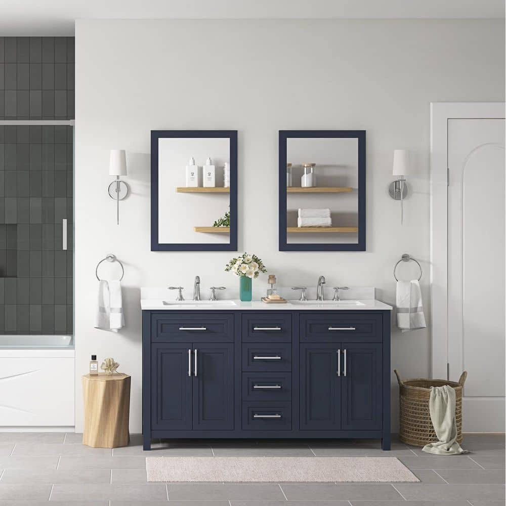 Home Decorators Collection Beaufort 60 in. W x 19 in. D x 34.50 in. H Bath Vanity in Midnight Blue with White Cultured Marble Top