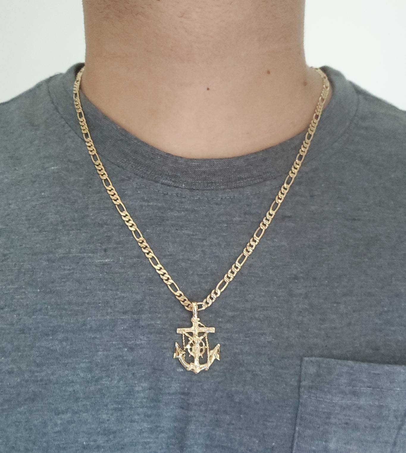 14k Gold Anchor Necklace Anchor Jesus Pendant With 4mm Figaro Chain