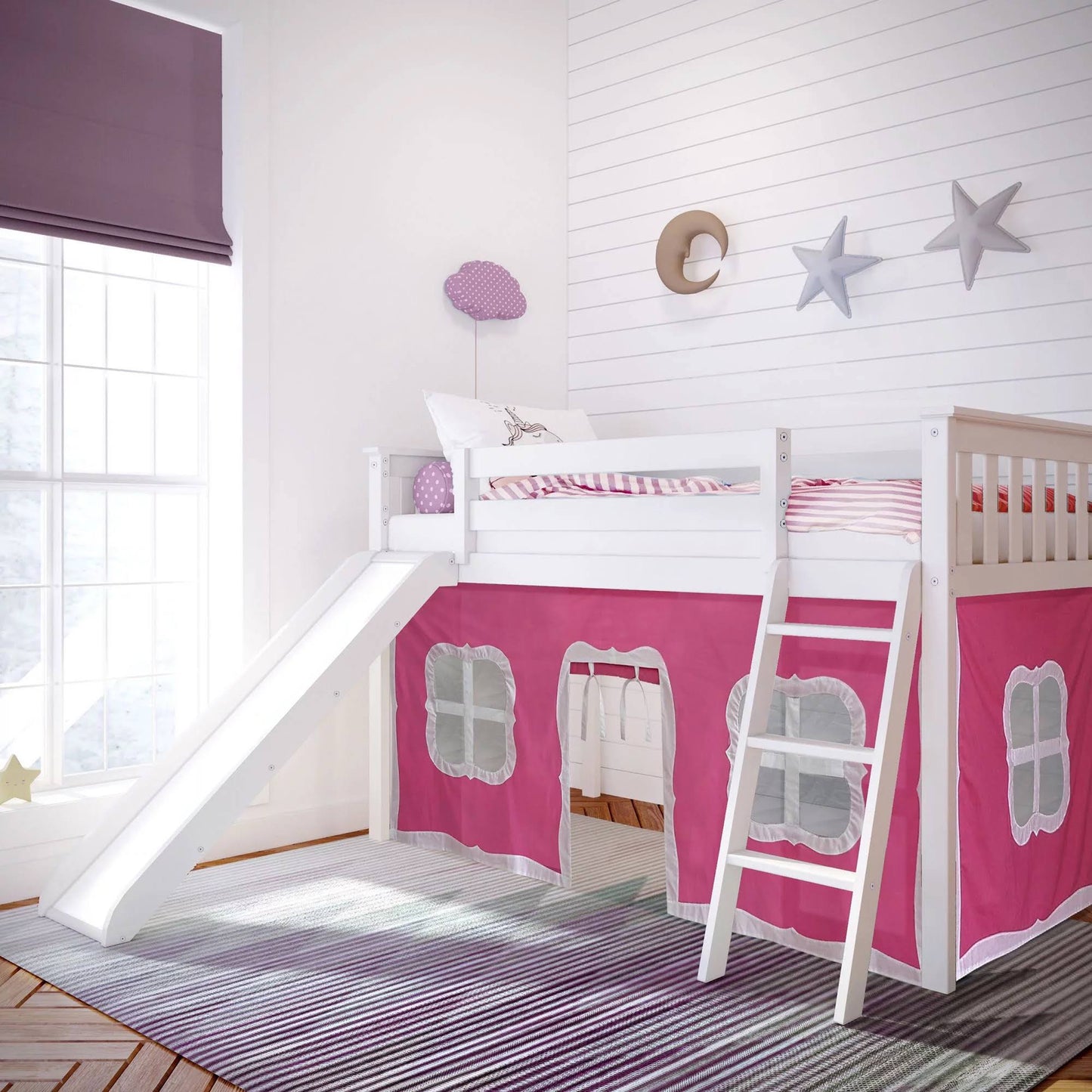 Max & Lily Twin Low Loft Bed with Slide and Grey Curtains, Clay